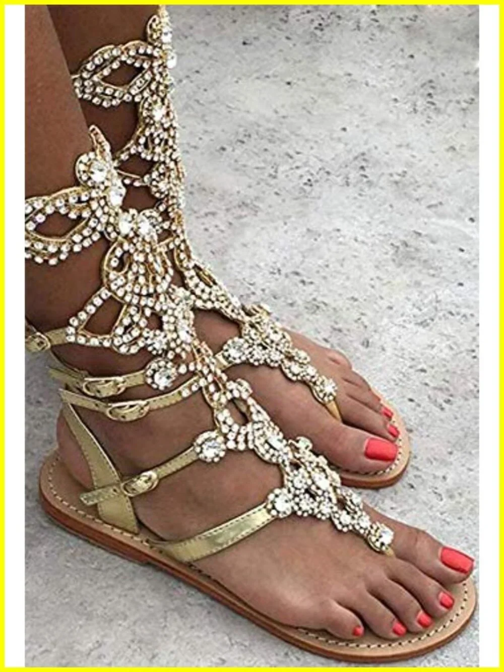 Rhinestone Gladiator Sandals for Women Flat Handmade PU Summer Beach Weddings
